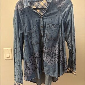 Free people Blue Denim Button-Up Shirt with Floral Print and plaid medium